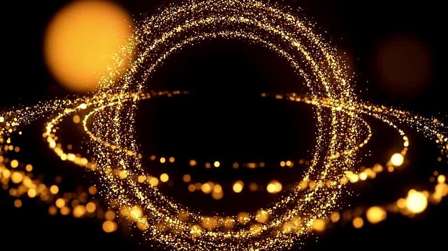 Golden bokeh rings with orbiting particles in dark space during a cosmic celebration