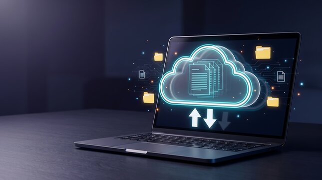 Cloud Computing Data Storage Concept Laptop Futuristic Neon Digital File Transfer Management Software Presentation Background Banner Web Design Hero