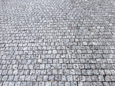 Gray cobblestone pavement with repeating square pattern and weathered texture viewed from above as an urban ground surface detail