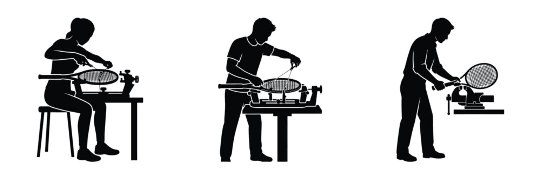 Tennis racket stringer silhouette set, person sitting and stringing tennis racket on machine, person standing and stringing racket, person working on sports equipment repair vector collection