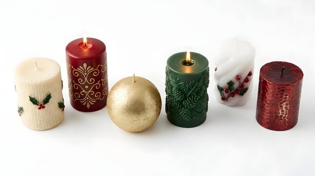 Set of five decorative christmas candles with various textures and designs isolated on white background
