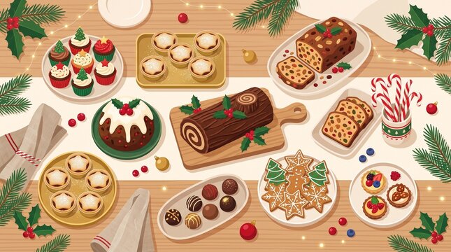 An illustrated festive Christmas dessert table filled with a Yule log cake, mince pies, cupcakes, fruitcake, gingerbread cookies, truffles, and candy canes.