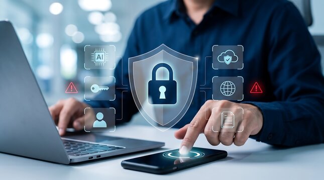 Cyber Security Data Protection Shield Icon Concept with Professional Businessman using Laptop and Smartphone for Network Safety Website Header