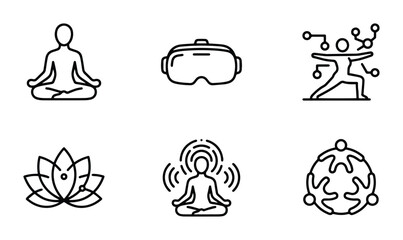 Fototapeta premium Metaverse yoga icons set with person meditating, VR headset, digital person, lotus flower and community group for app and web