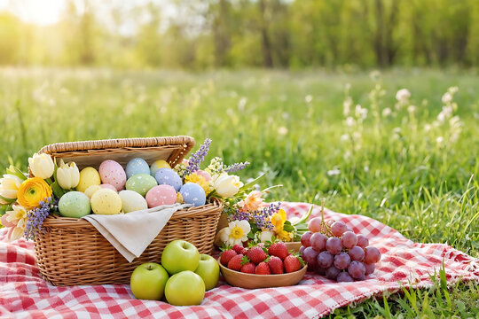 Idyllic spring picnic with a wicker basket filled with colorful Easter eggs, fresh fruits, and vibrant flowers on a checkered blanket in a sunny green field, celebrating the season