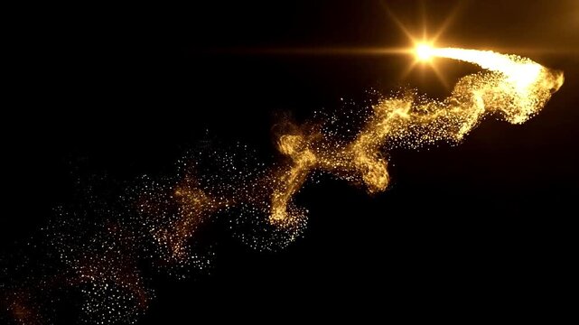 Golden particle trail with lens flare moving across dark background in cinematic motion