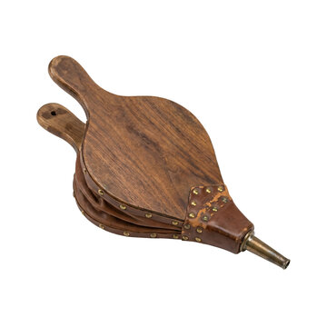 Vintage wooden fireplace bellows for cozy winter home, isolated on transparent background