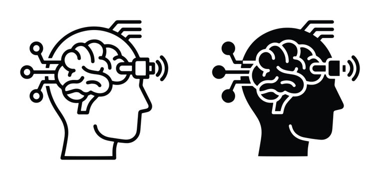 Mind machine interface icons with brain and circuits, technology and AI concept