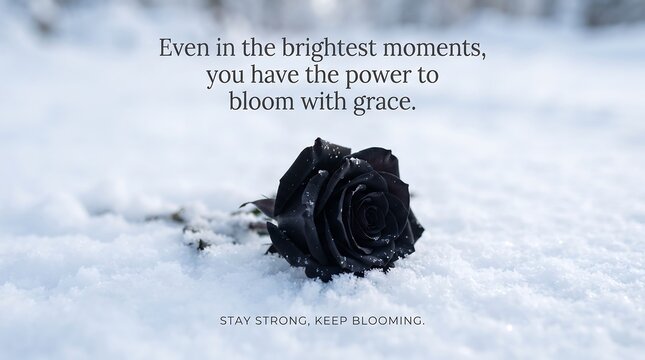 A beautiful black rose resting on fresh white snow with an inspirational quote about resilience.