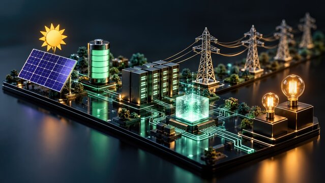 Smart power grid system model integrated with solar panels battery storage and transmission towers distributing electricity generated from renewable sources.