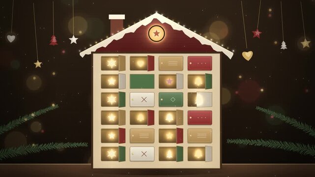 Red roof Advent calendar house with glowing doors and hanging stars