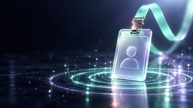 Glowing holographic corporate security badge displaying virtual profile avatar on modern reflective floor for digital identity access control authorization concept.