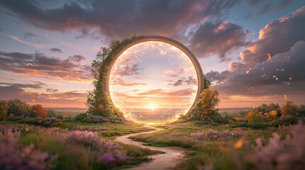 Naklejka premium Magical Glowing Portal in a Flower Field at Sunset