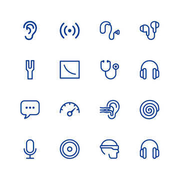 Hearing and audiology icon set of sixteen line icons
