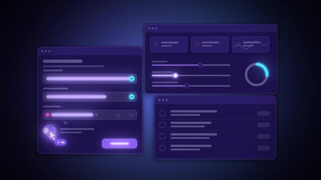 AI cursor filling a form and moving sliders across violet app windows