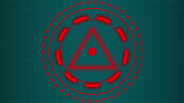 Triangle symbol animation displays segmented outer rings on a tech grid. Geometric motion data guides triangle symbol. Interface consoles operate with symbol.