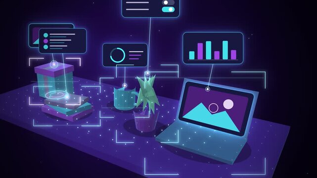 Neon violet AR scan of table objects with floating info labels