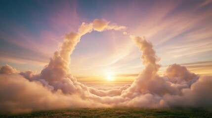 Naklejka premium Surreal Circular Cloud Formation Framing Golden Sunset Over Green Field