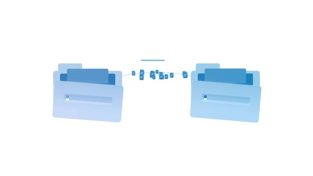 File transfer animation between two folders on dark background. Secure encrypted file transfer animation between folders with progress bar and speed.