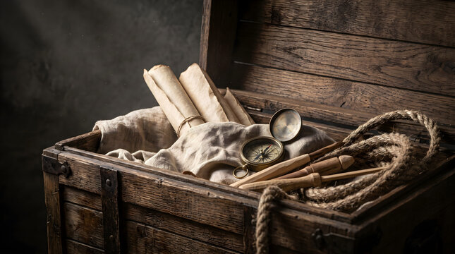 An old wooden chest filled with vintage maps, scrolls, and navigation tools representing the 13 colonies era.