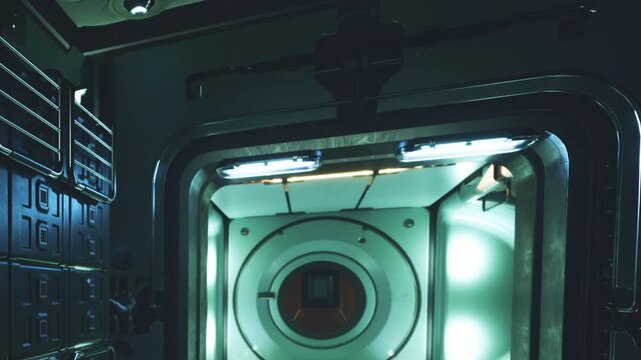 An astonishing view of a space habitat module showcases glowing lights and intricate designs. The setting feels both modern and otherworldly, suggesting advanced technology in a unique environment.