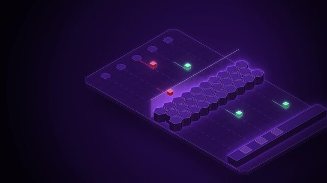 Isometric hexagon firewall blocking packets seamless loop on purple