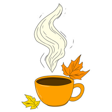 Hot autumn coffee cup with steam and orange maple leaves