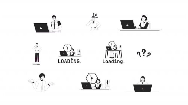 Office work loading and problem solving black and white line animation pack. Confused questions employee. Workplace technology. Laptop user animated outline 4K video set on transparent background
