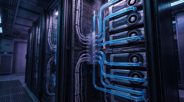 High performance server rack with liquid cooling system in a modern data center.