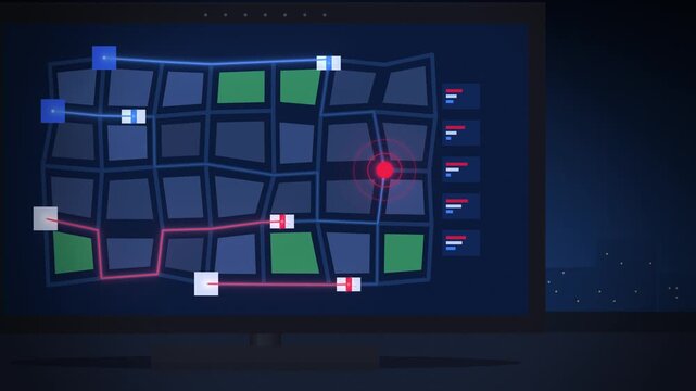 Emergency dispatch screen with blue city map and red incident marker