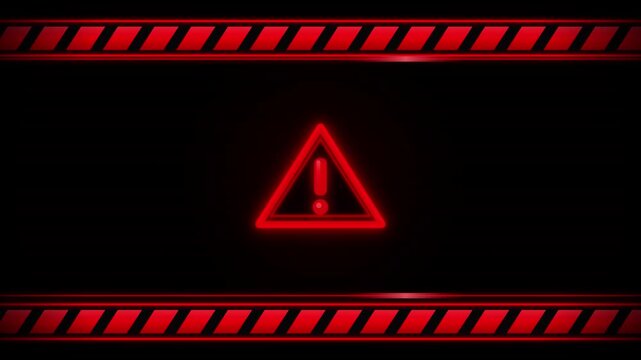 Futuristic Red Neon Warning Triangle Alert Graphic, Glowing red neon exclamation mark inside triangle warning frame with striped caution border on dark background.