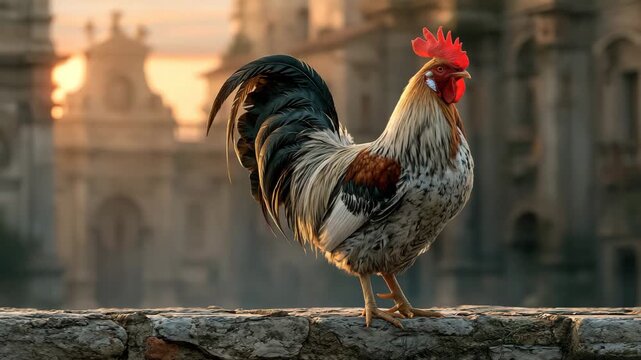 Rooster on Stone Wall at Dawn in Ancient Courtyard, Peter's Regret and Awakening Symbolism