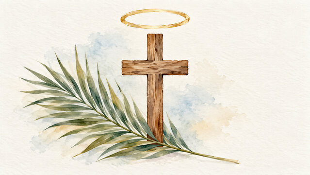 Wooden cross with halo and palm branch on watercolor paper. Christian faith and biblical symbolism. Palm Sunday and Easter observance. Religious illustration, worship, salvation