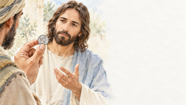 Jesus presented with a coin in a biblical scene about paying taxes. Render unto Caesar, a Gospel teaching on money and duty. Christian faith and scripture. Watercolor illustration.