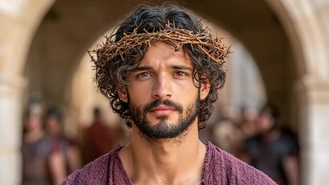 Jesus in Purple Robe and Crown of Thorns Beneath Stone Arch, Dignified Passion Portrait