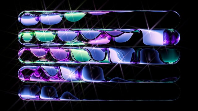 Horizontal glass chrome capsules with colorful reflections create a sleek futuristic layout. Abstract premium background for technology, branding, and modern design. 3D render illustration.