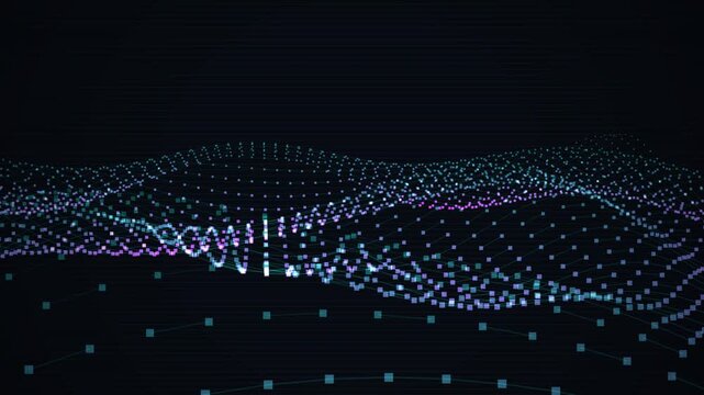 Abstract futuristic wave surface with glowing purple and cyan digital grid cubes