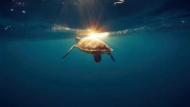Sea Turtle Swimming Underwater Beneath Sunlight in Deep Blue Tropical Ocean Marine Animal Motion