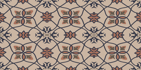 Vintage seamless pattern with intricate geometric floral motifs in warm earthy tones perfect for traditional textile designs. © Design6300