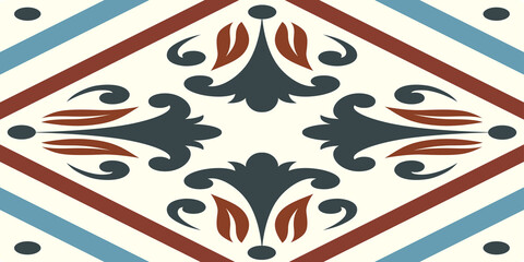 Geometric tile pattern with floral motifs in cream, blue, and brown colors creating a classic and decorative design for backgrounds and surfaces. © Design6300