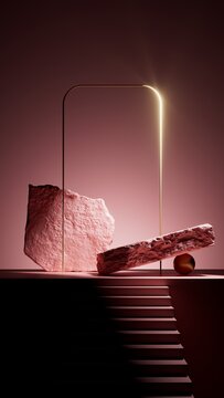 Abstract red stage with rough stone slabs beneath a tall glowing arch. Warm directional light and dark stairs create a striking futuristic composition.