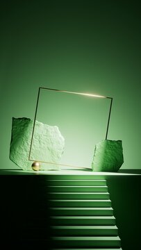 Green minimalist stage with rough stone blocks and a tilted glowing square frame. Strong backlight and dark stairs form a bold geometric display.