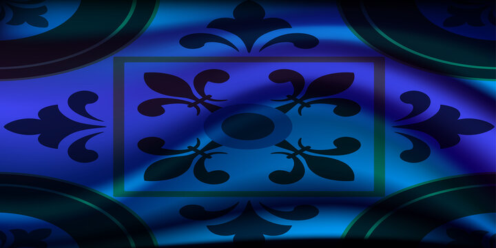 Ornate blue damask pattern with subtle fabric texture and dark shadows creating a vintage and royal background for decorative purposes.