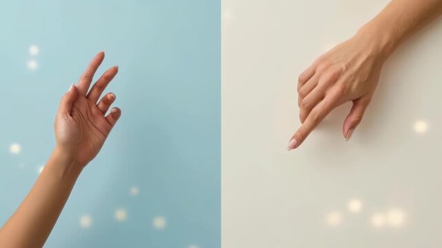 Pointing Hand Gesture Reaching Across Blue Cream Pastel Background With Glowing Light