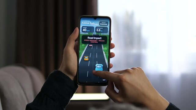 Person plays a fast-paced mobile driving game on a smartphone, steering through traffic and avoiding road obstacles in an interactive arcade challenge.