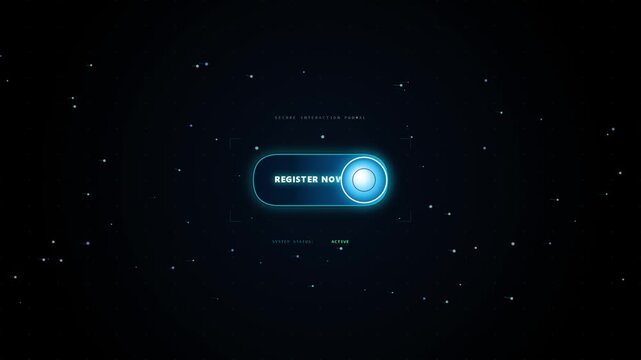 Glowing cyan register now button and tech HUD loop
