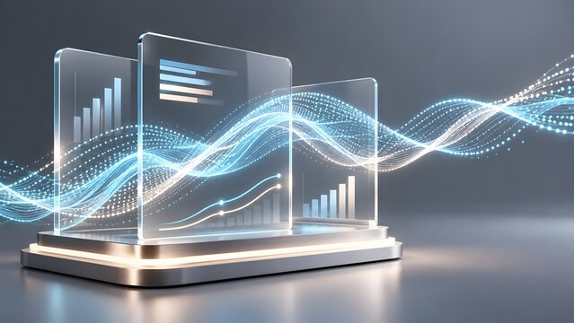 Glowing digital data waves intersecting with transparent dashboard screens displaying financial analytics and growth charts
