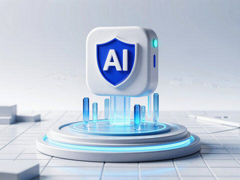 3D illustration of a white cube with a blue shield and AI letters stan
