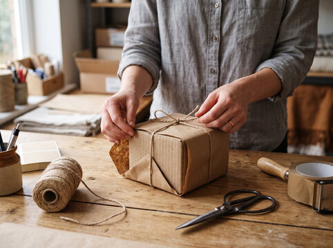 A woman ties a twine bow on a package wrapped in brown kraft paper in a rustic workshop.