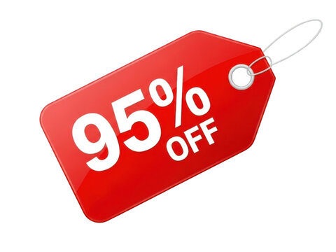 Red price tag showing ninety five percent off discount label isolated on transparent background